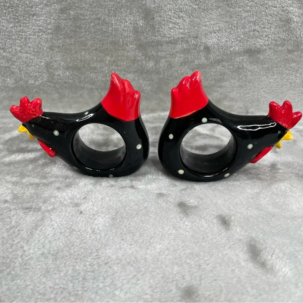 Colorful Ceramic Rooster Napkin Rings Set of 4 Black Red Yellow Farmhouse OS